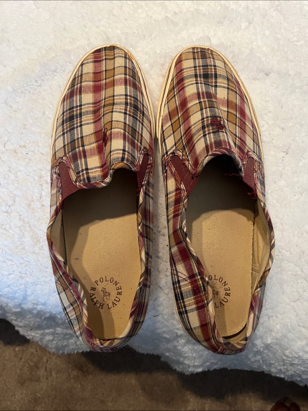 Polo by Ralph Lauren Plaid Slip-On Shoes in Red and Tan